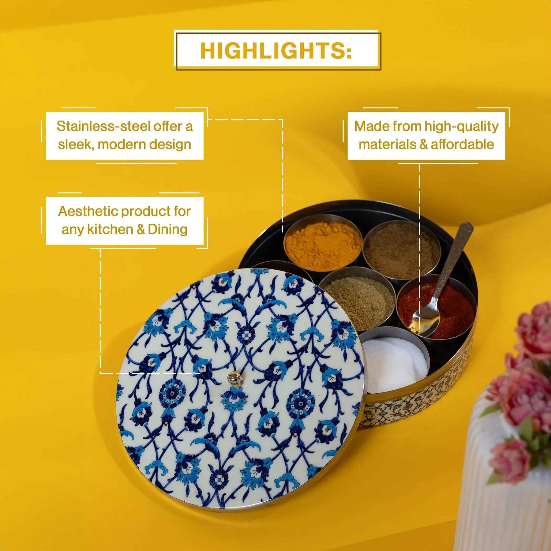 Premium Stainless Steel Masala Box (Spice Box) in Wildfloral Design
