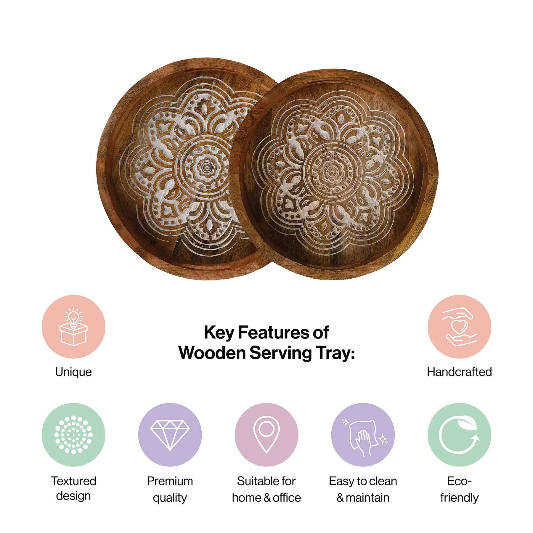 Wooden Round Serving Tray Set with Traditional Mandala Design