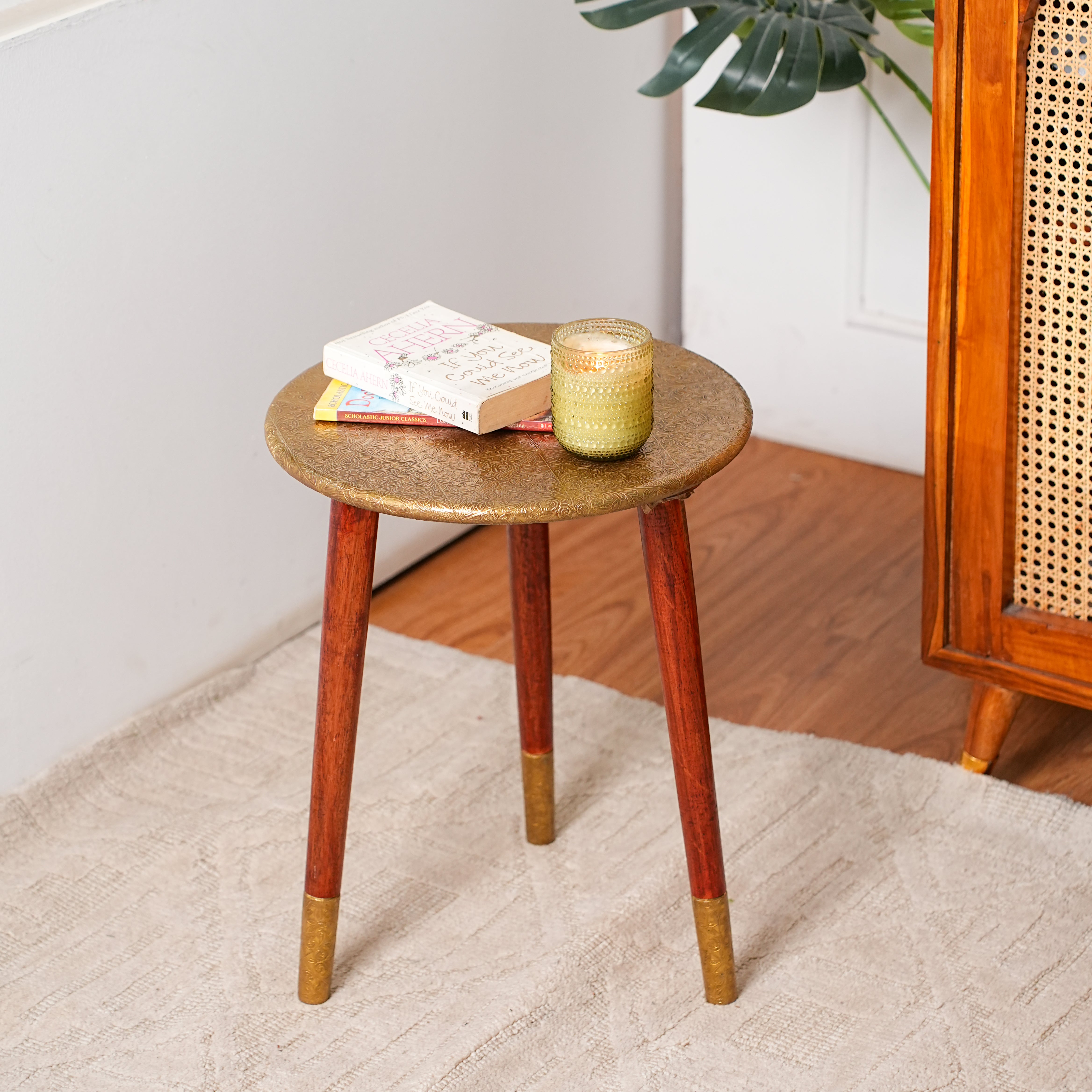 Round Wooden Bedside Table with Brass tray for Living Room and Bedroom