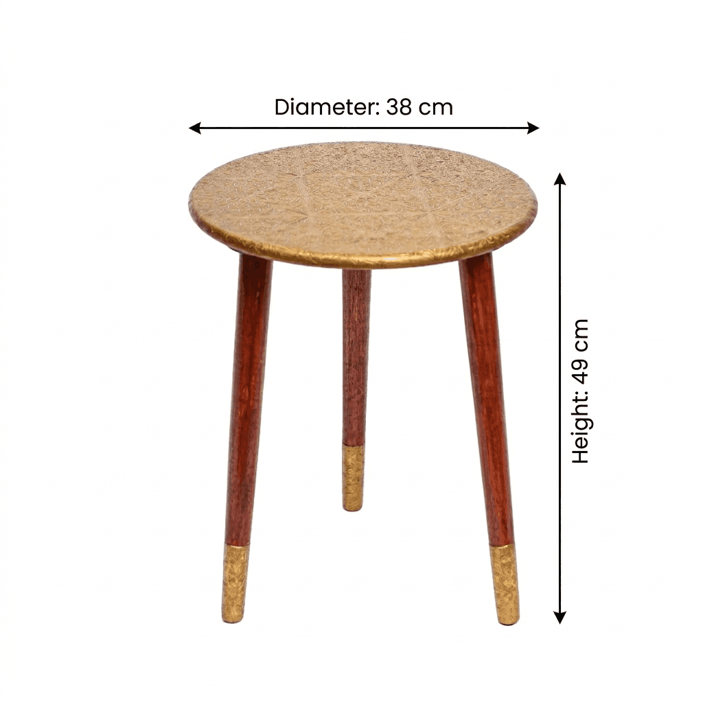 Round Wooden Bedside Table in Gold Floral Pattern