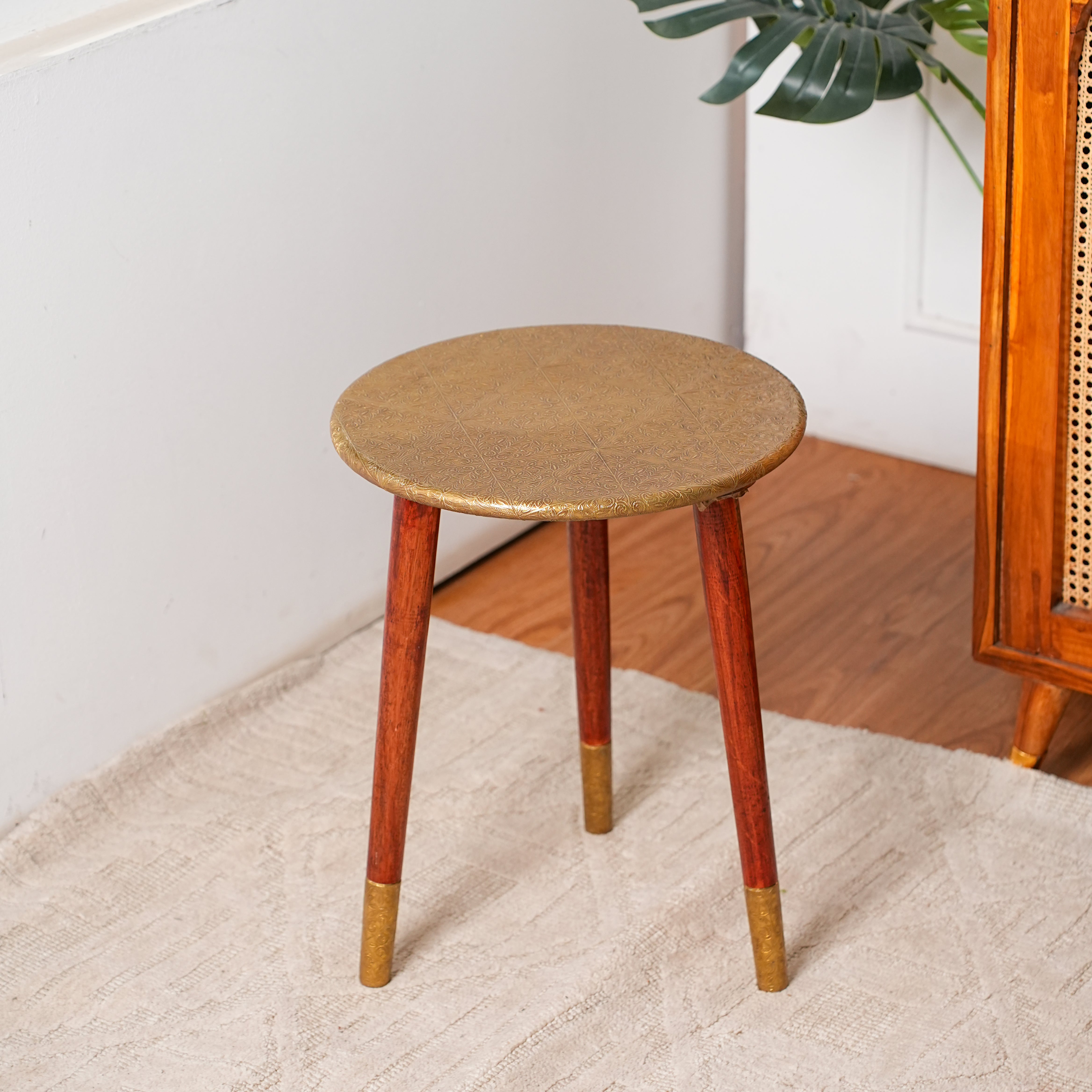 Round Wooden Bedside Table with Brass tray for Living Room and Bedroom