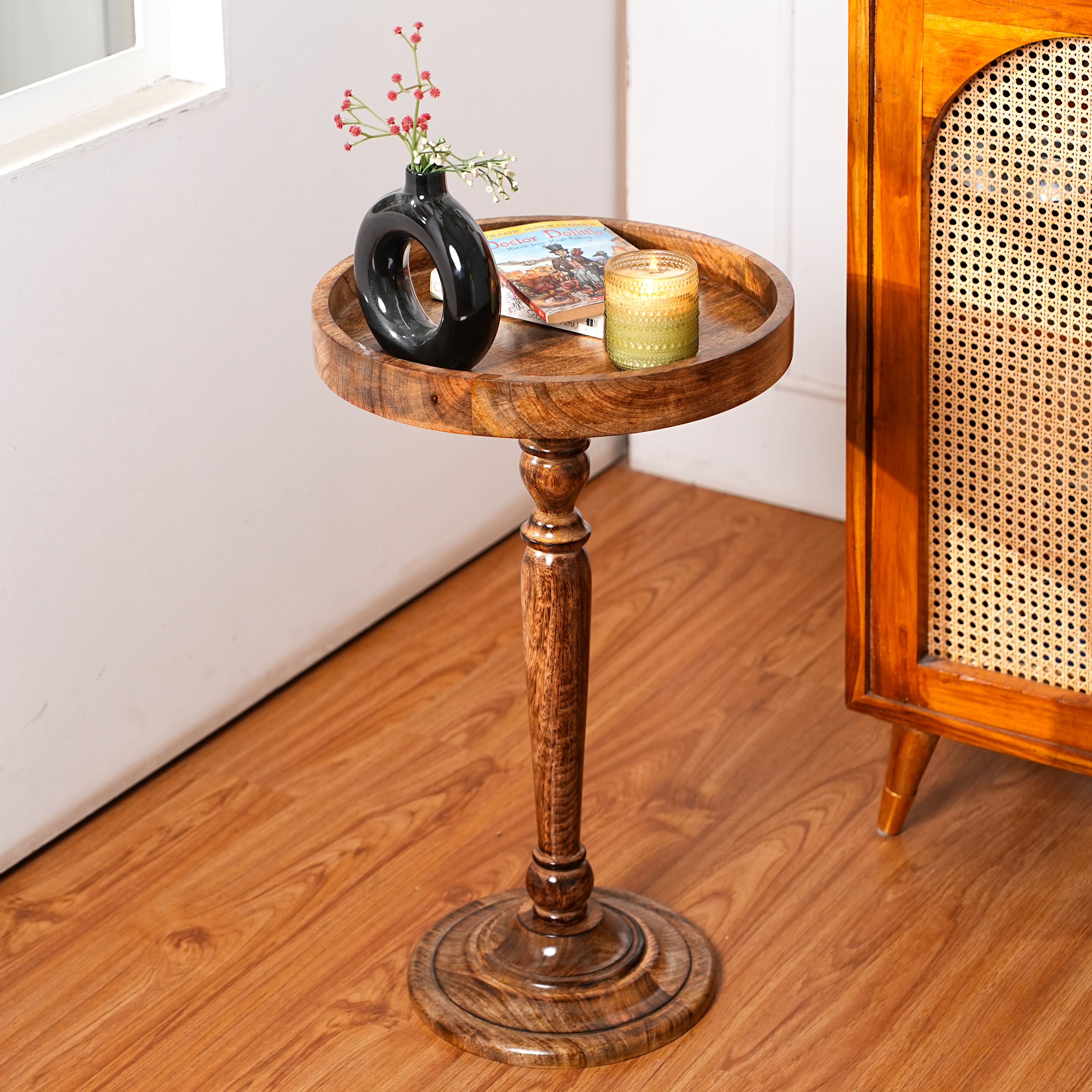 Round Wooden Side Table with Pedestal in Walnut Brown for Living Room and Bedroom