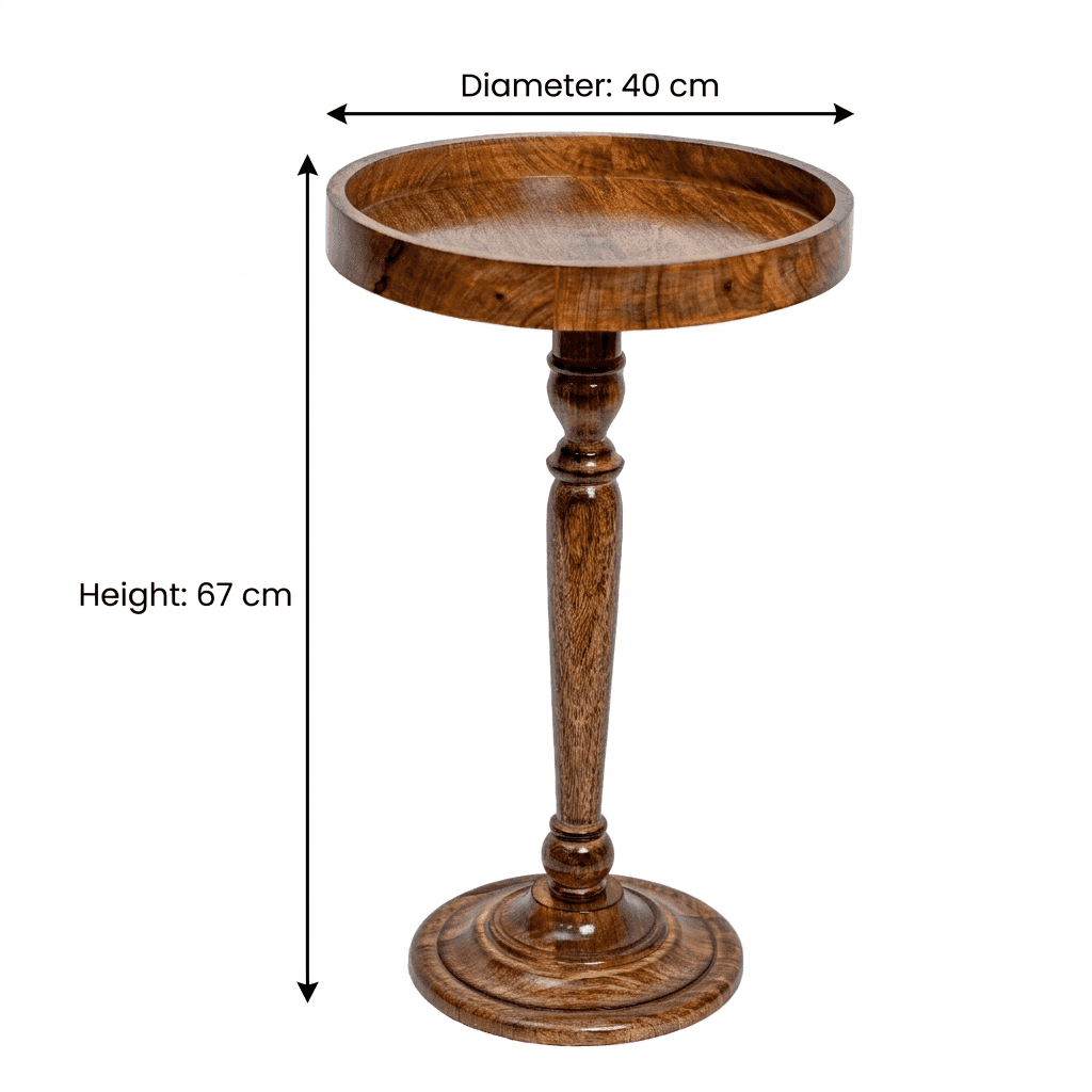 Round Wooden Side Table with Pedestal in Walnut Brown