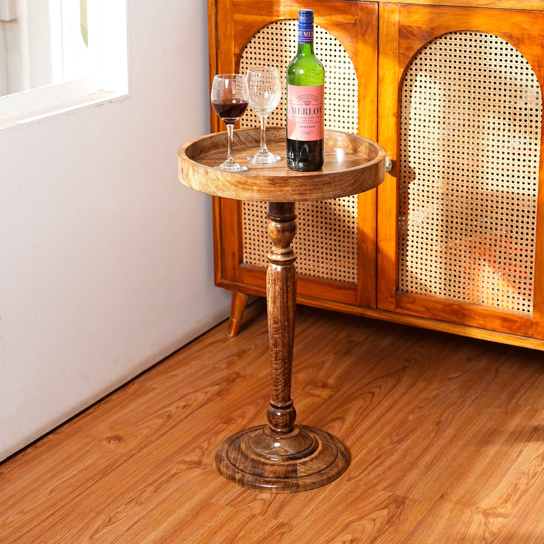 Round Wooden Side Table with Pedestal in Walnut Brown