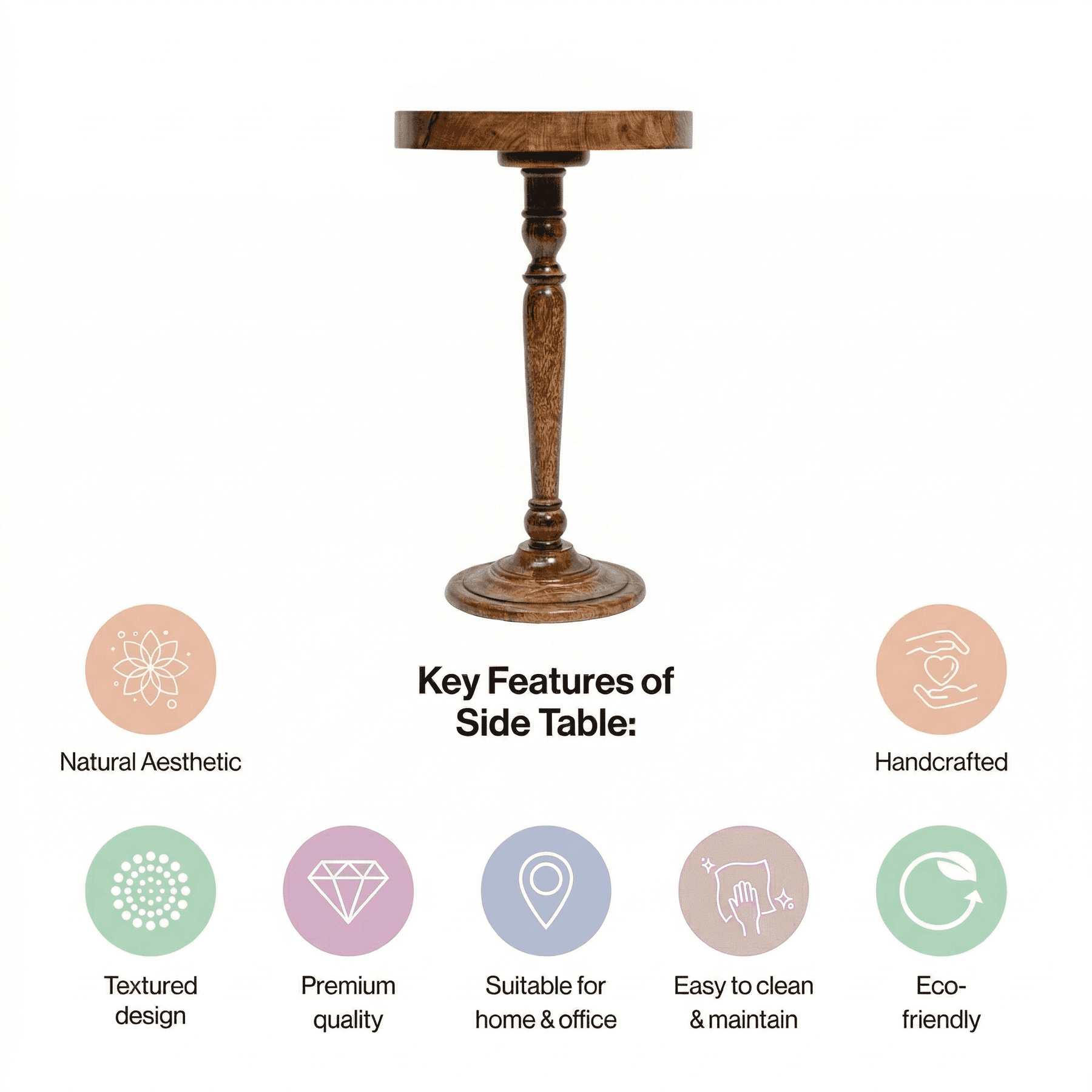 Round Wooden Side Table with Pedestal in Walnut Brown