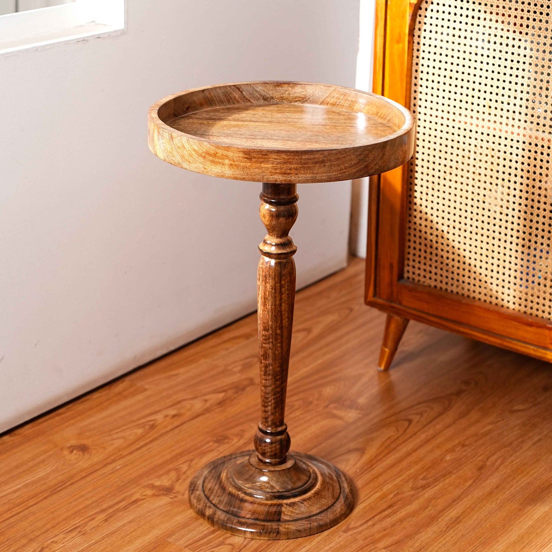 Round Wooden Side Table with Pedestal in Walnut Brown