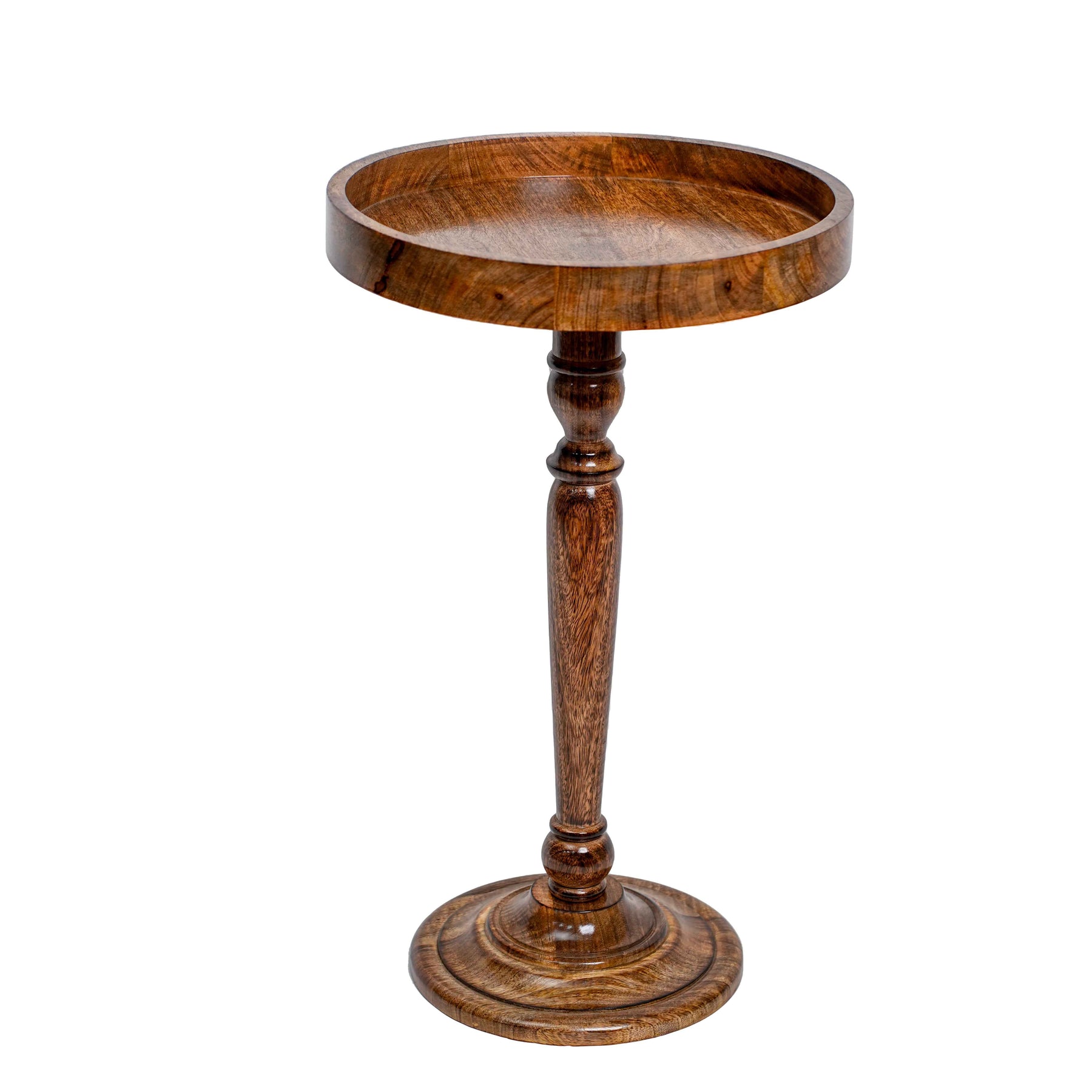 Wooden side table with a round top and tall cylindrical base on a white background
