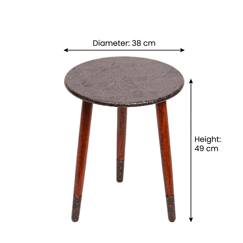 Round Wooden Side Table in Leaf Copper Pattern