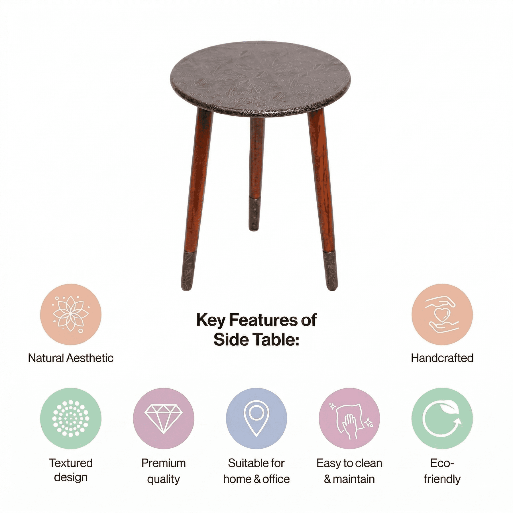 Round Wooden Side Table in Leaf Copper Pattern