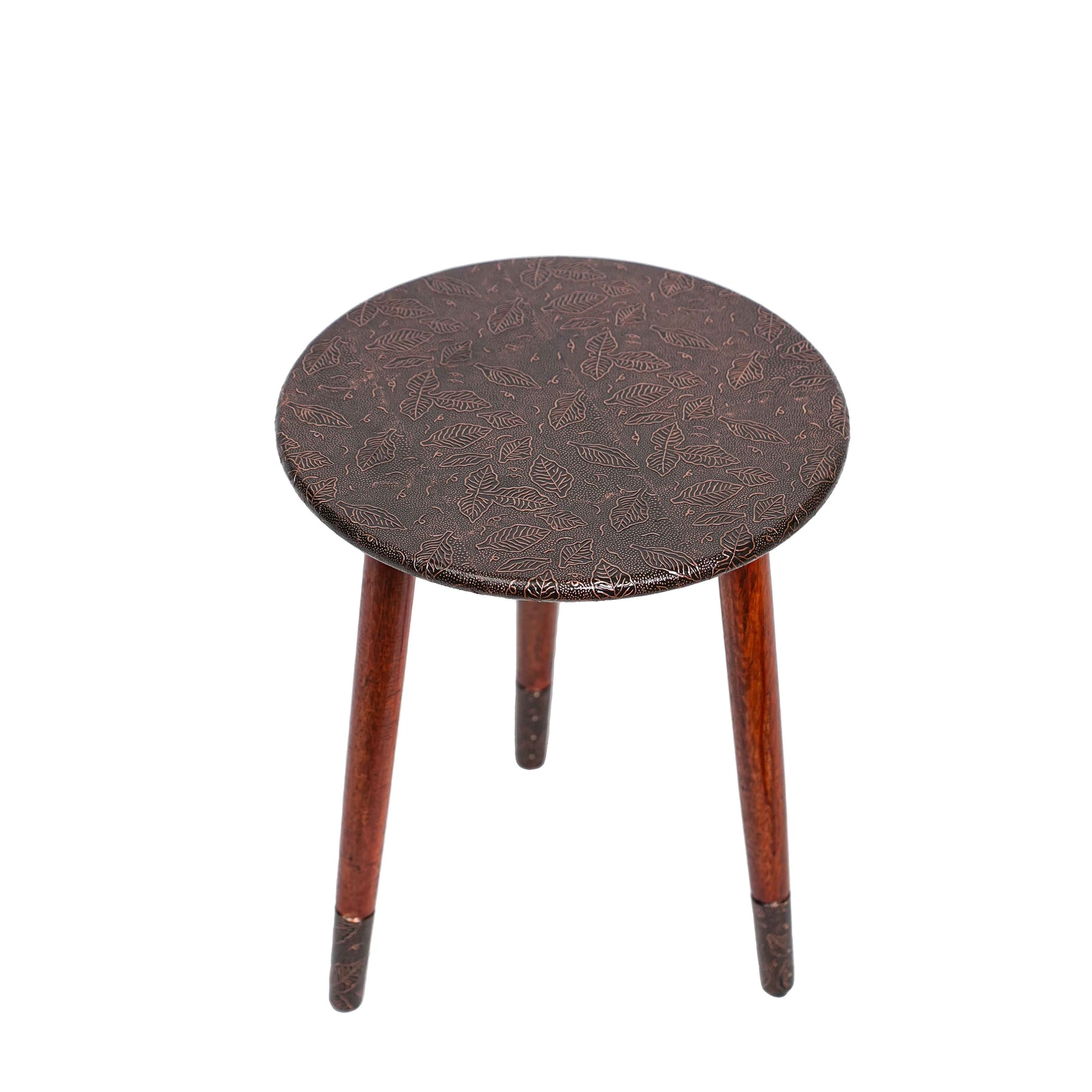 Round Wooden Side Table in Leaf Copper Pattern