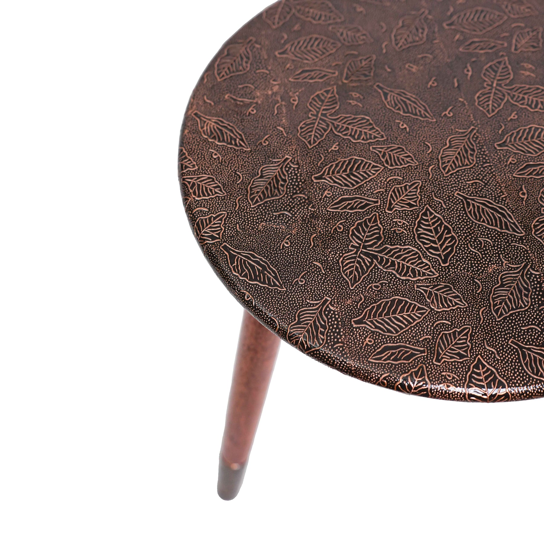 Round Wooden Side Table in Leaf Copper Pattern