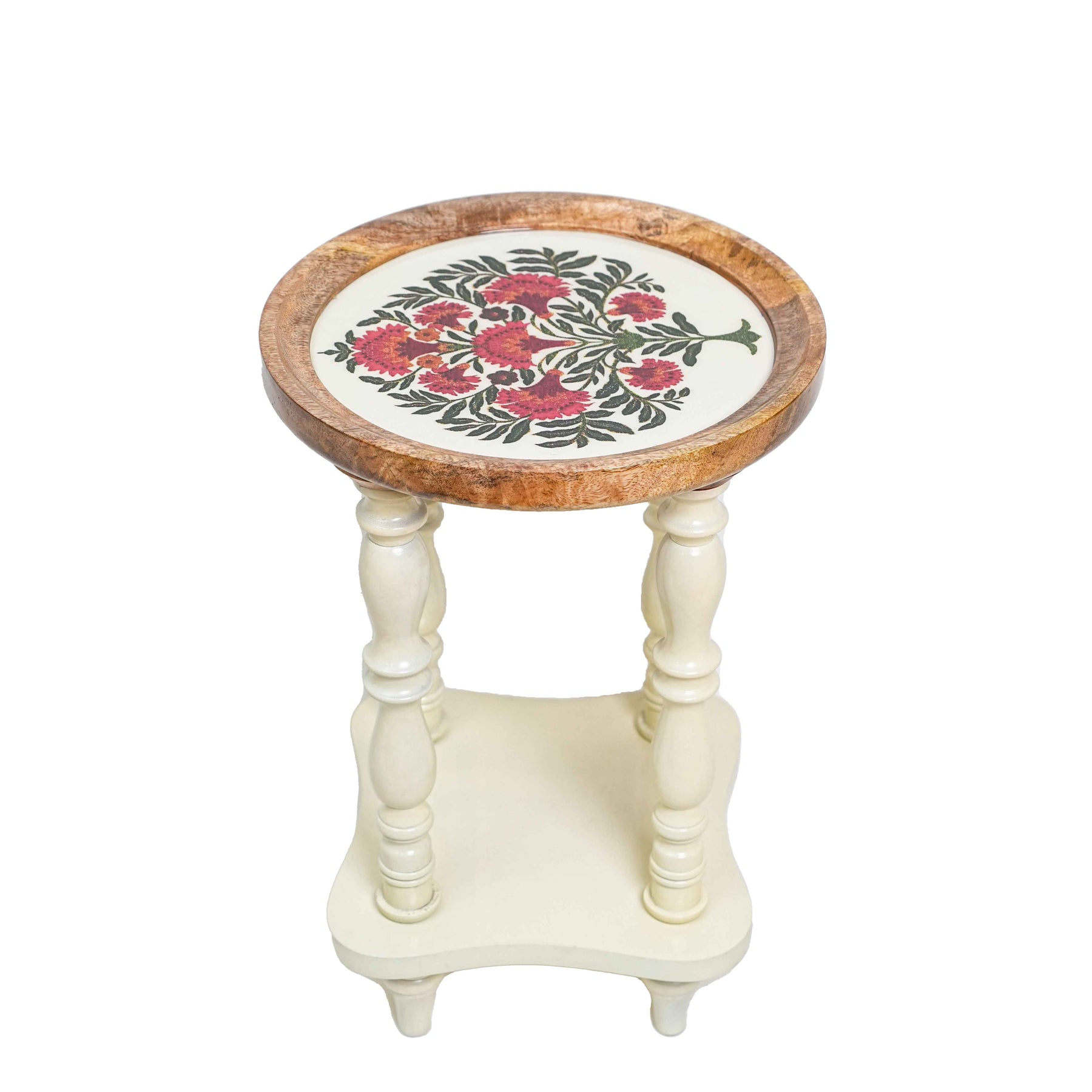 Round Wooden Side Table with Storage in Floral Printed