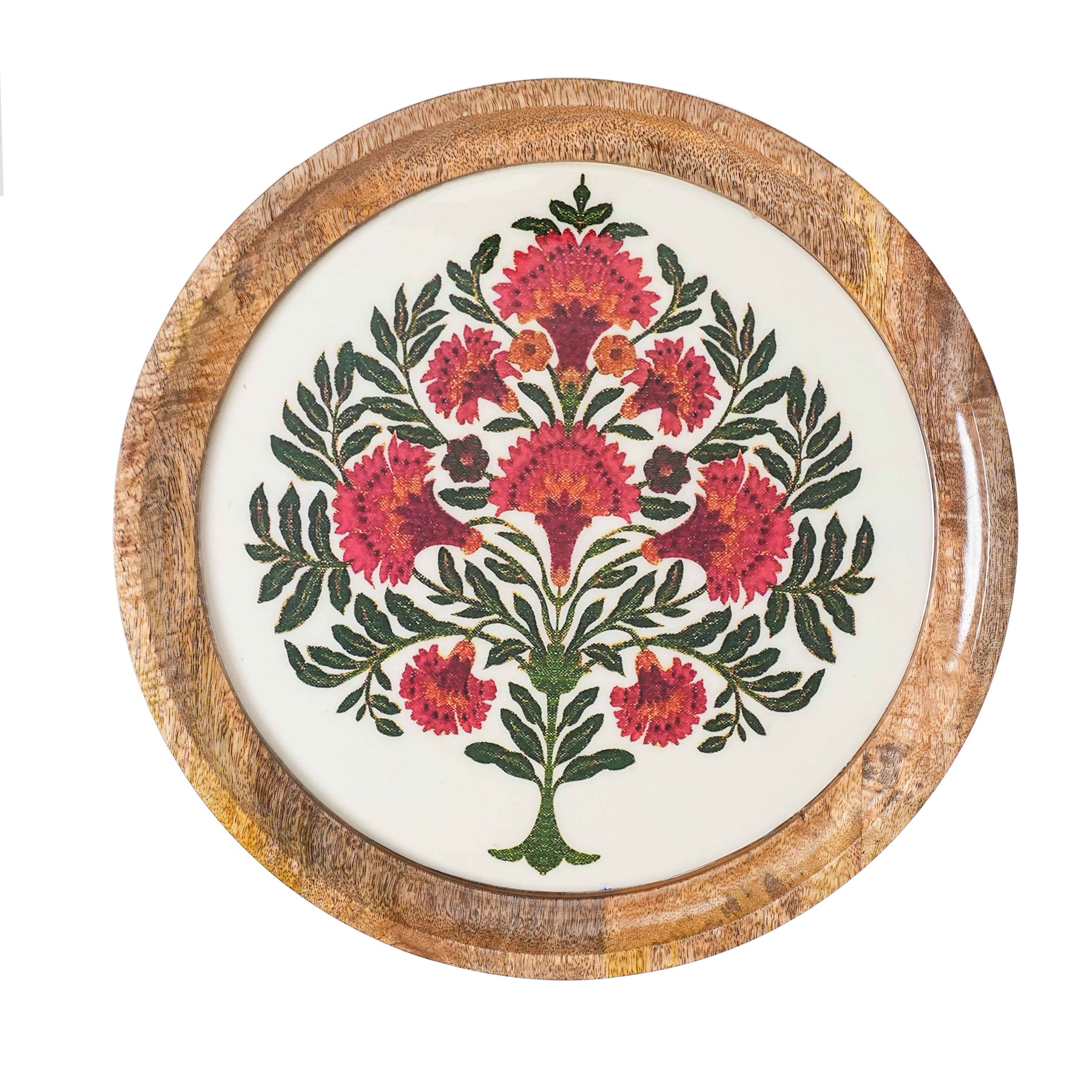 Round Wooden Side Table with Storage in Floral Printed