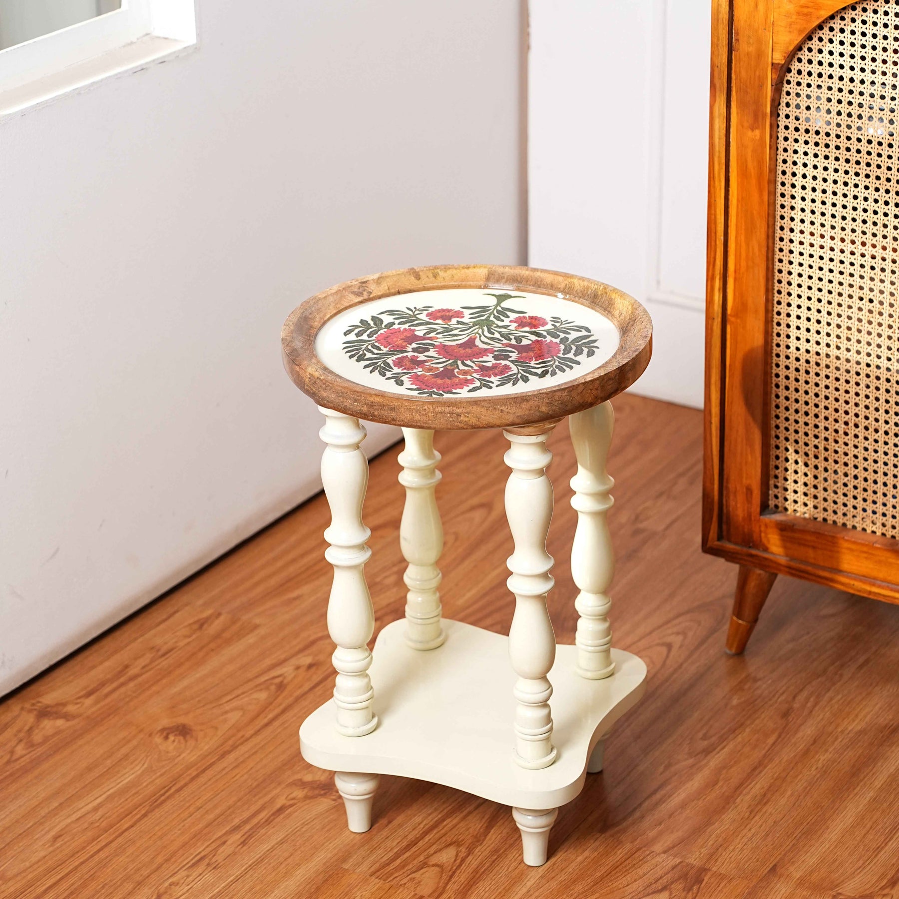 Round Wooden Side Table with Storage in Floral Printed