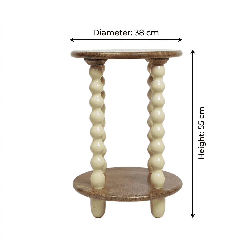 Wooden Round Side Table with Storage & Beaded Legs in Ivory Cream