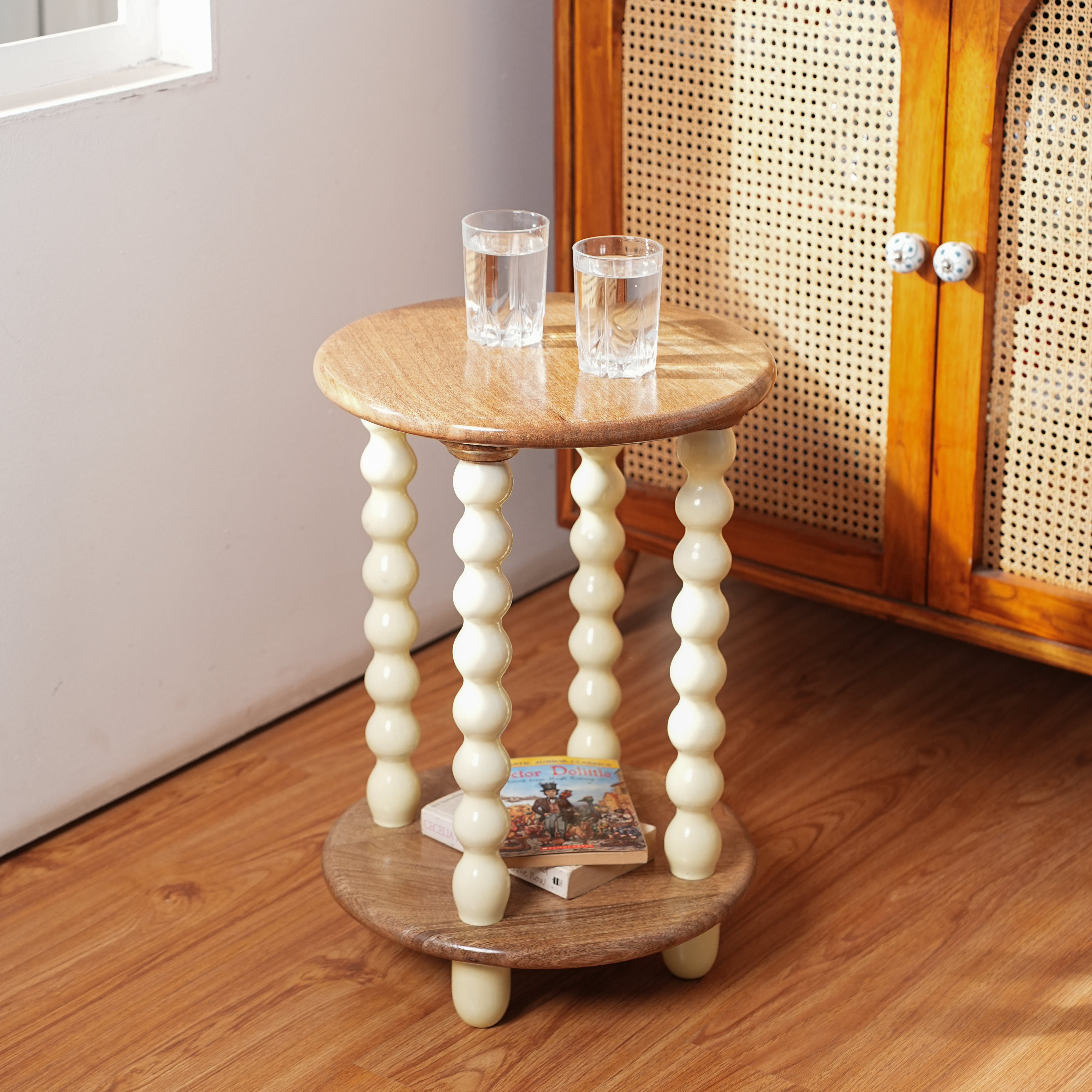 Wooden Round Side Table with Storage and Beaded Legs in Ivory Cream - Accent Table for Coffee & Snacks