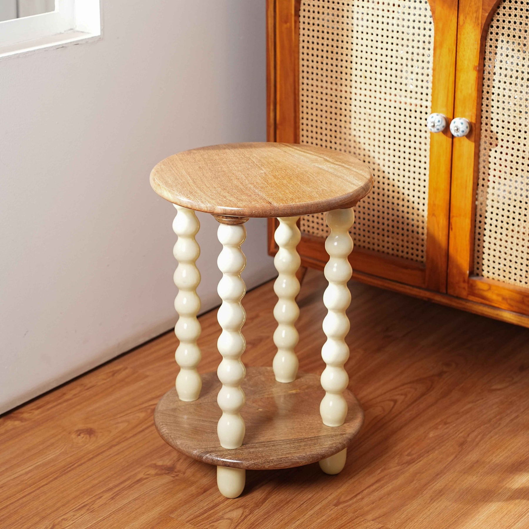 Wooden Round Side Table with Storage & Beaded Legs in Ivory Cream