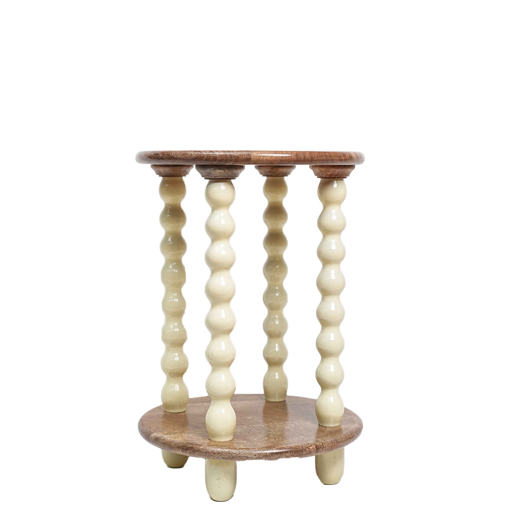 Wooden Round Side Table with Storage & Beaded Legs in Ivory Cream