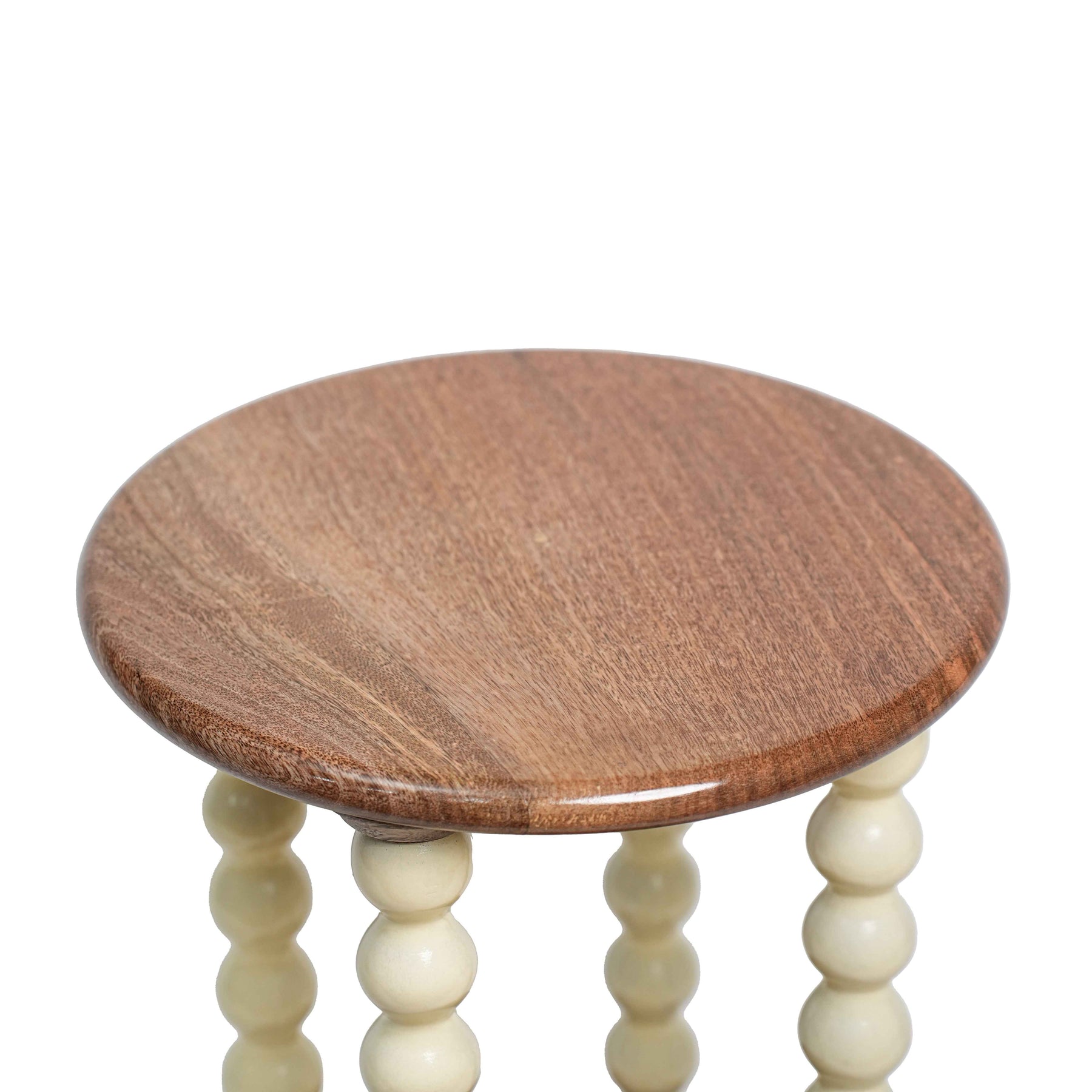 Wooden Round Side Table with Storage & Beaded Legs in Ivory Cream