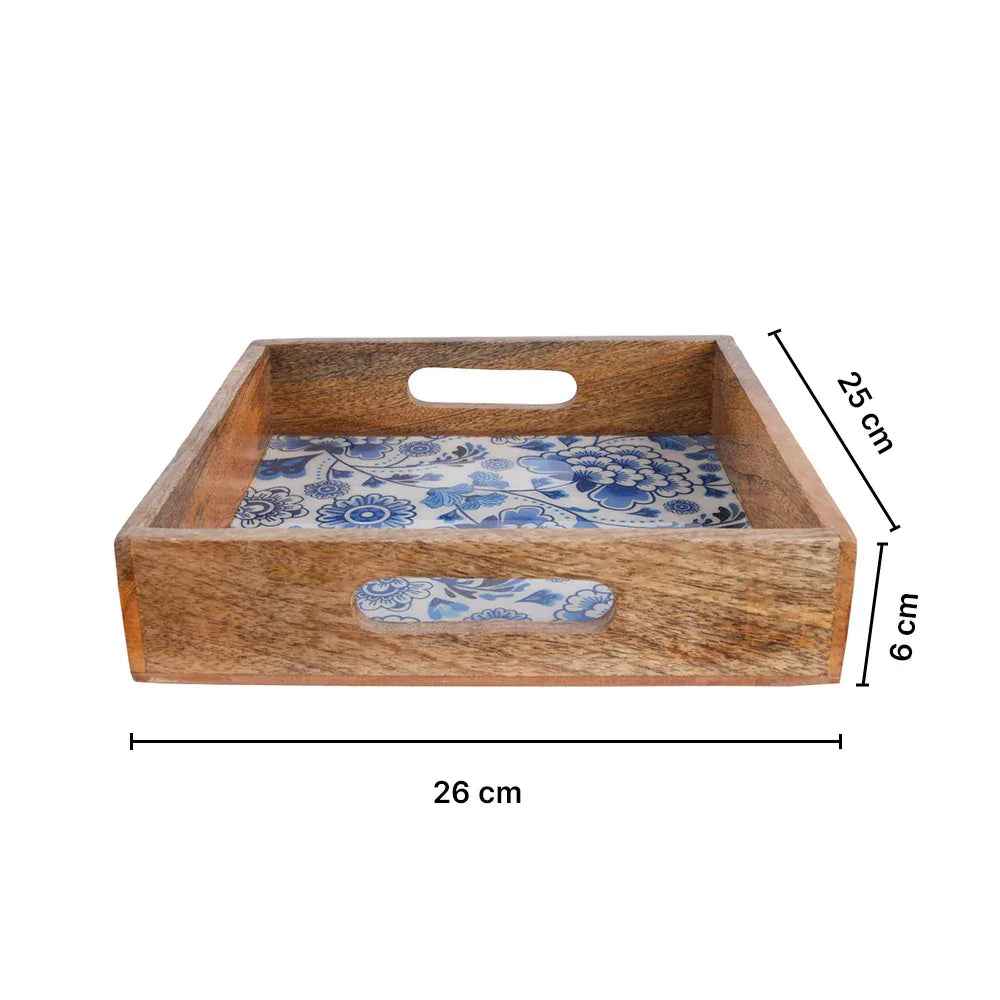 Decorative Square Mango Wood Serving Tray with Blue Floral Print