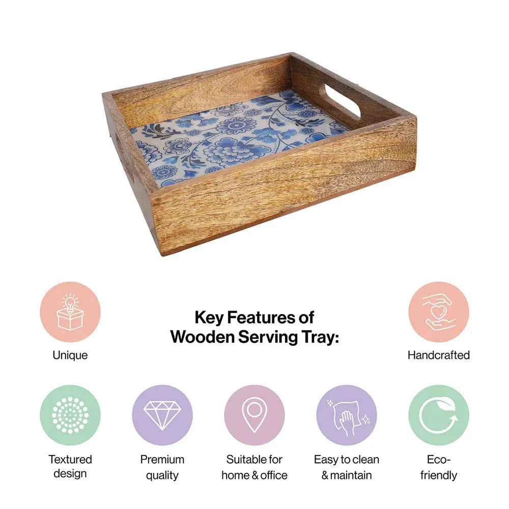 Decorative Square Mango Wood Serving Tray with Blue Floral Print