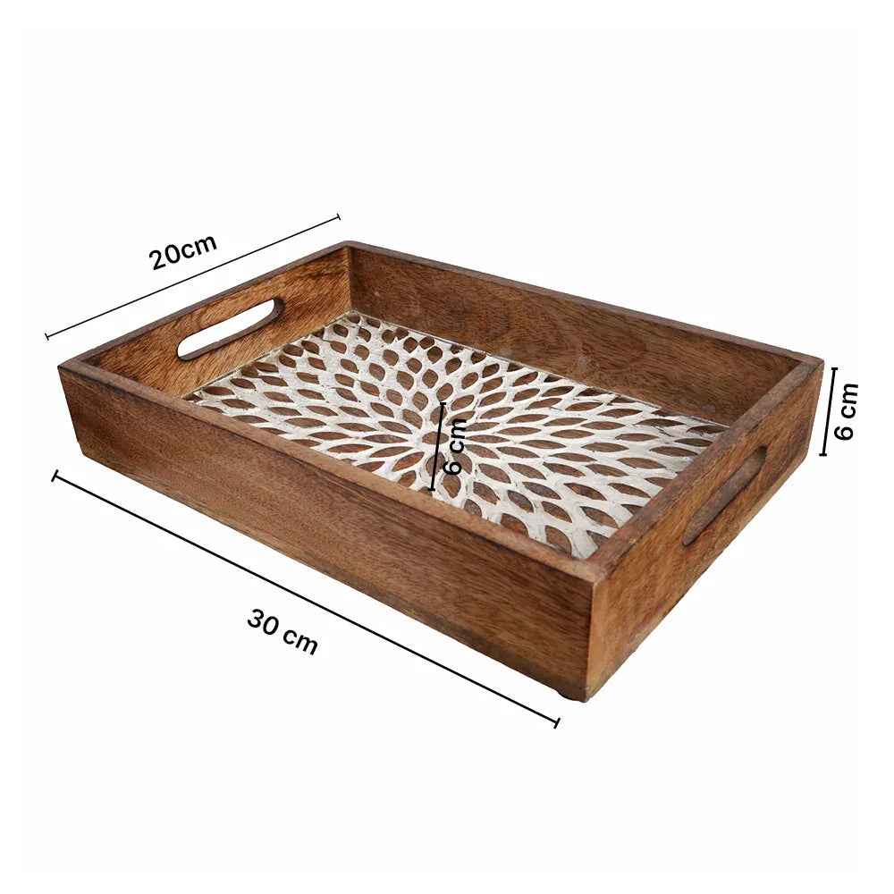 Premium Rustic Wooden Serving Tray with White Floral Pattern