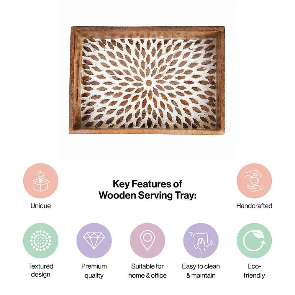 Premium Rustic Wooden Serving Tray with White Floral Pattern