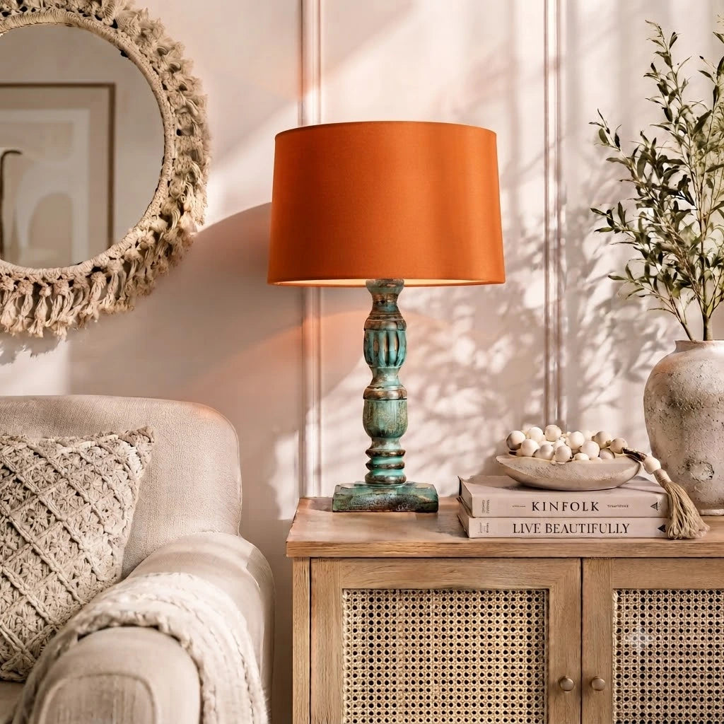 Wooden Table Lamp for Living Room with Multicolour Shade