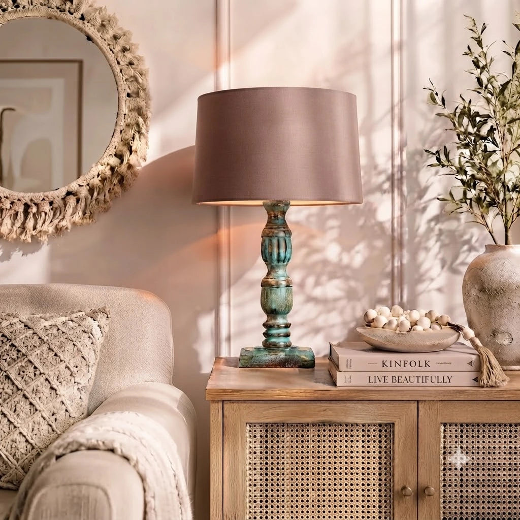 Wooden Table Lamp for Living Room with Multicolour Shade