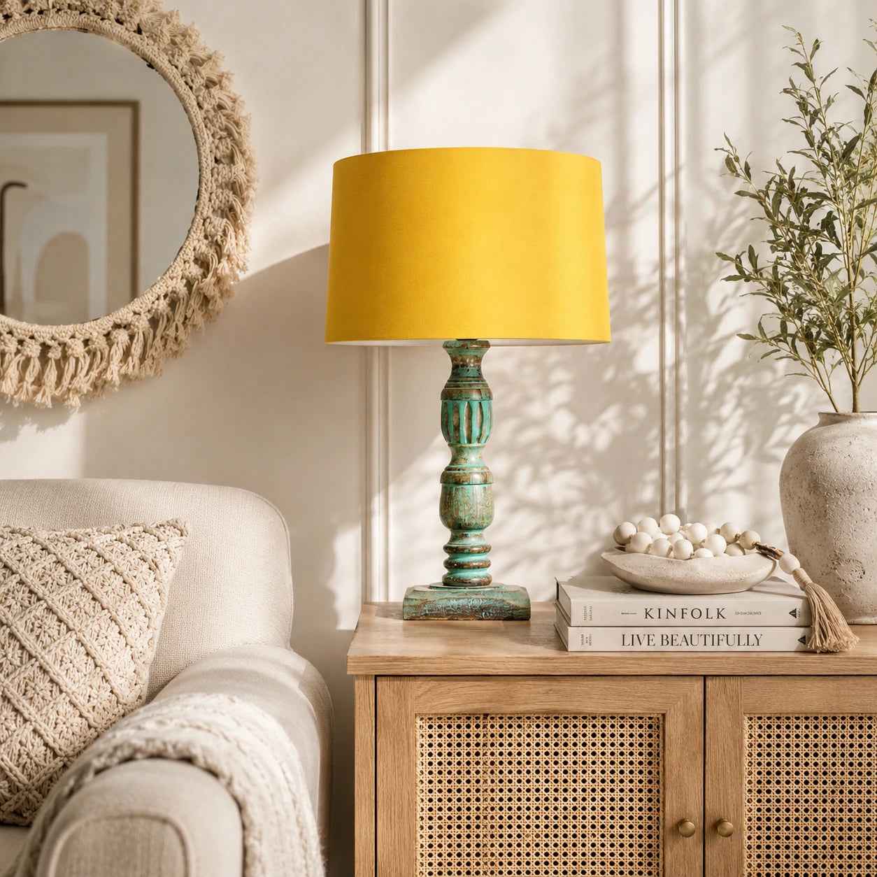 Wooden Table Lamp for Living Room with Multicolour Shade