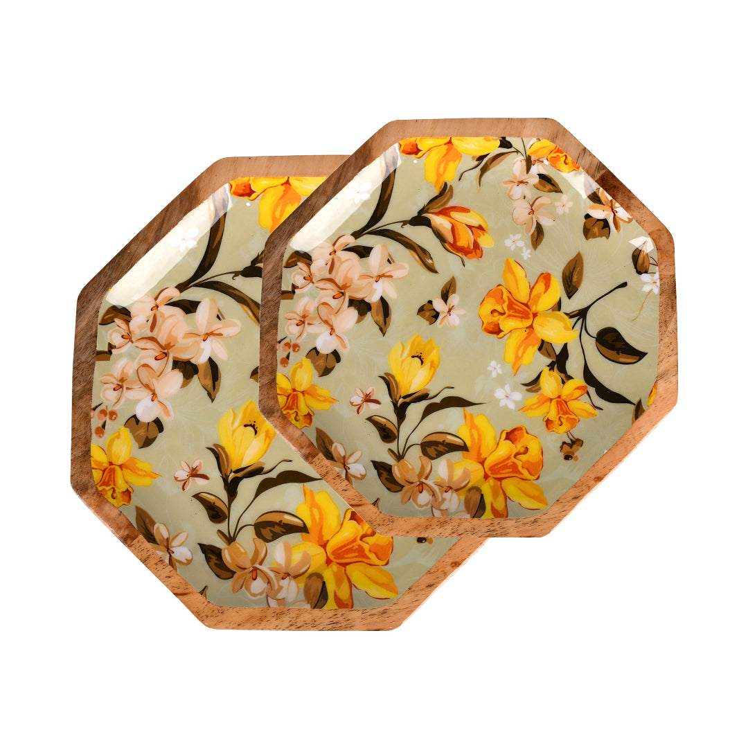 Handcrafted Mango-Wood Yellowflower Printed Platters Tray-Set Of 2