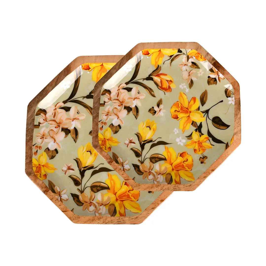 Handcrafted Mango Wood Printed Serving Platters Set - Yellow Floral