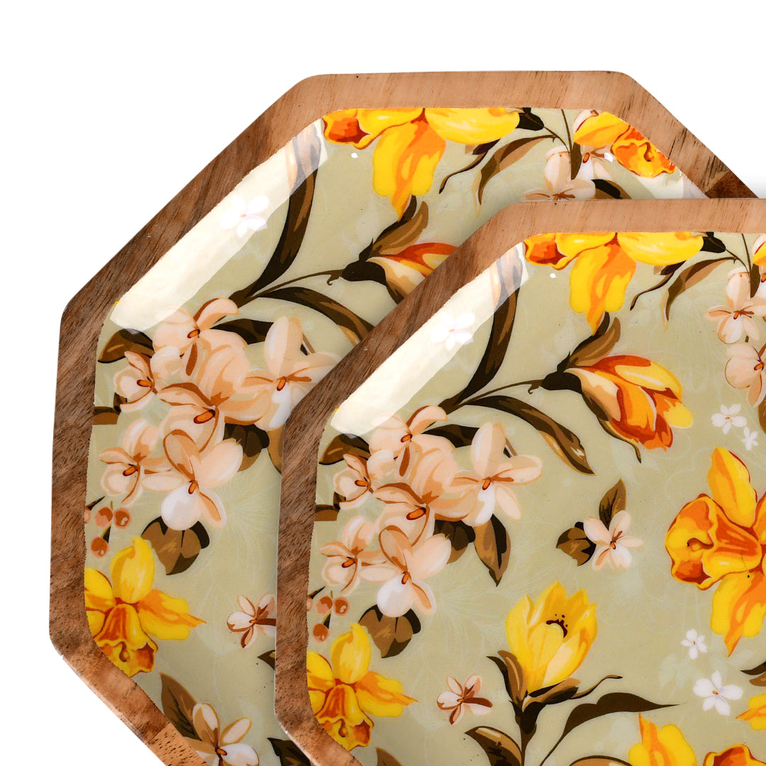 Handcrafted Mango-Wood Yellowflower Printed Platters Tray-Set Of 2