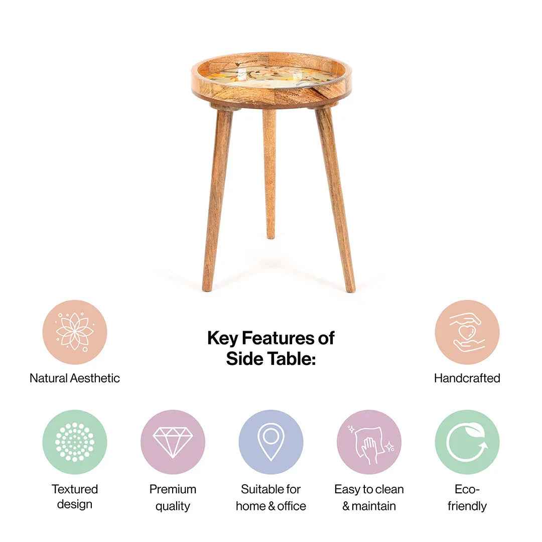 Wooden Round Side Table Yellow Floral for Living Room