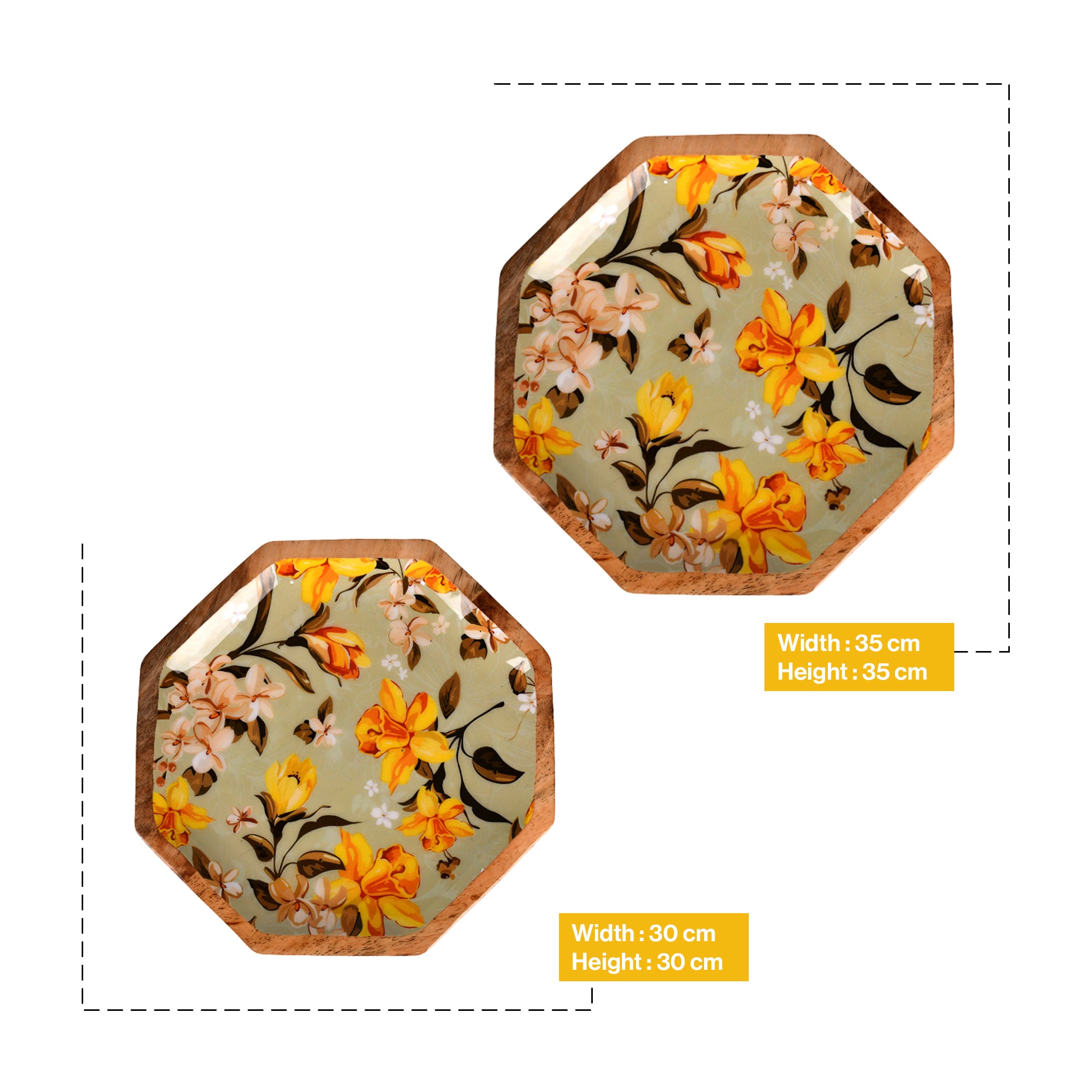 Handcrafted Mango-Wood Yellowflower Printed Platters Tray-Set Of 2