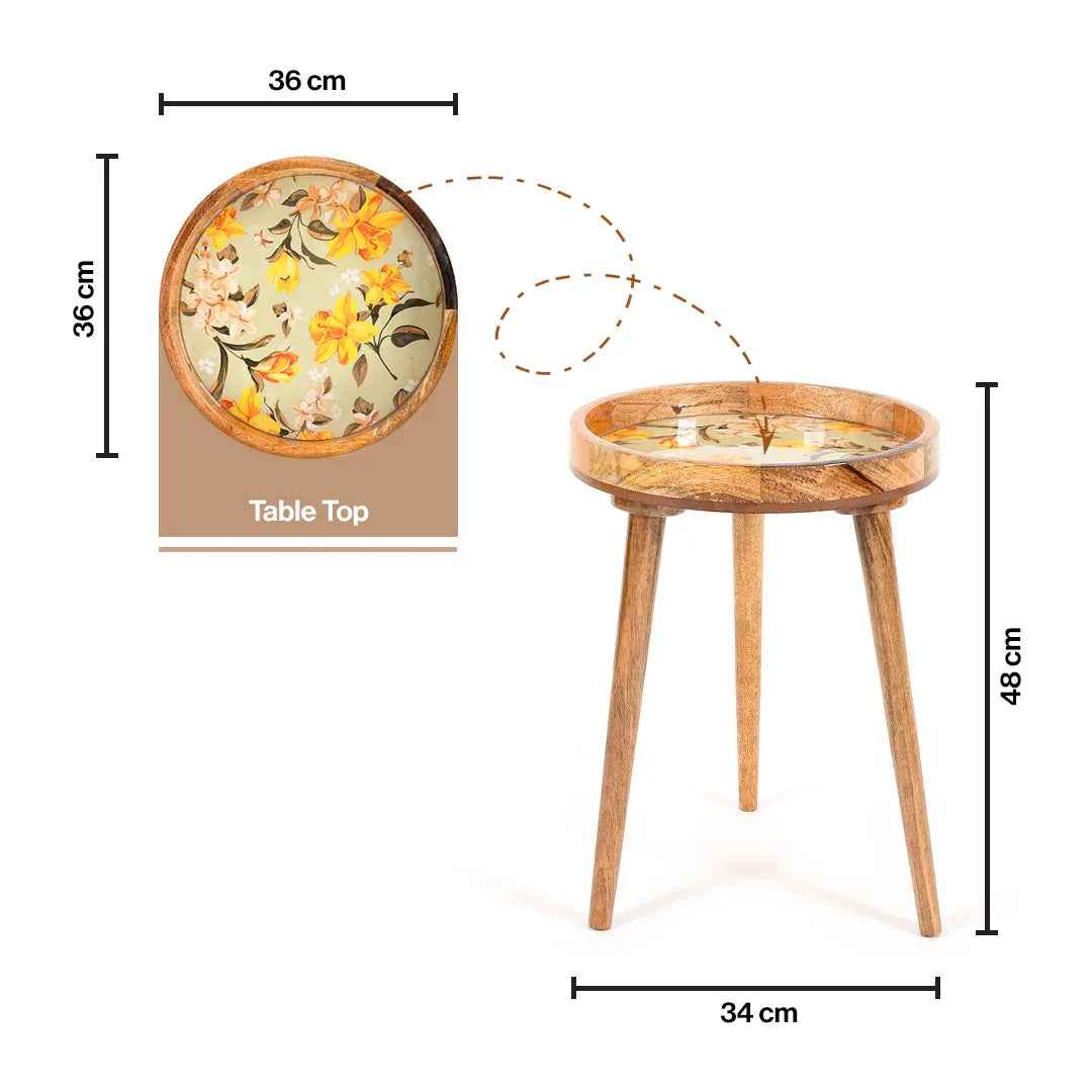 Wooden Round Side Table Yellow Floral for Living Room