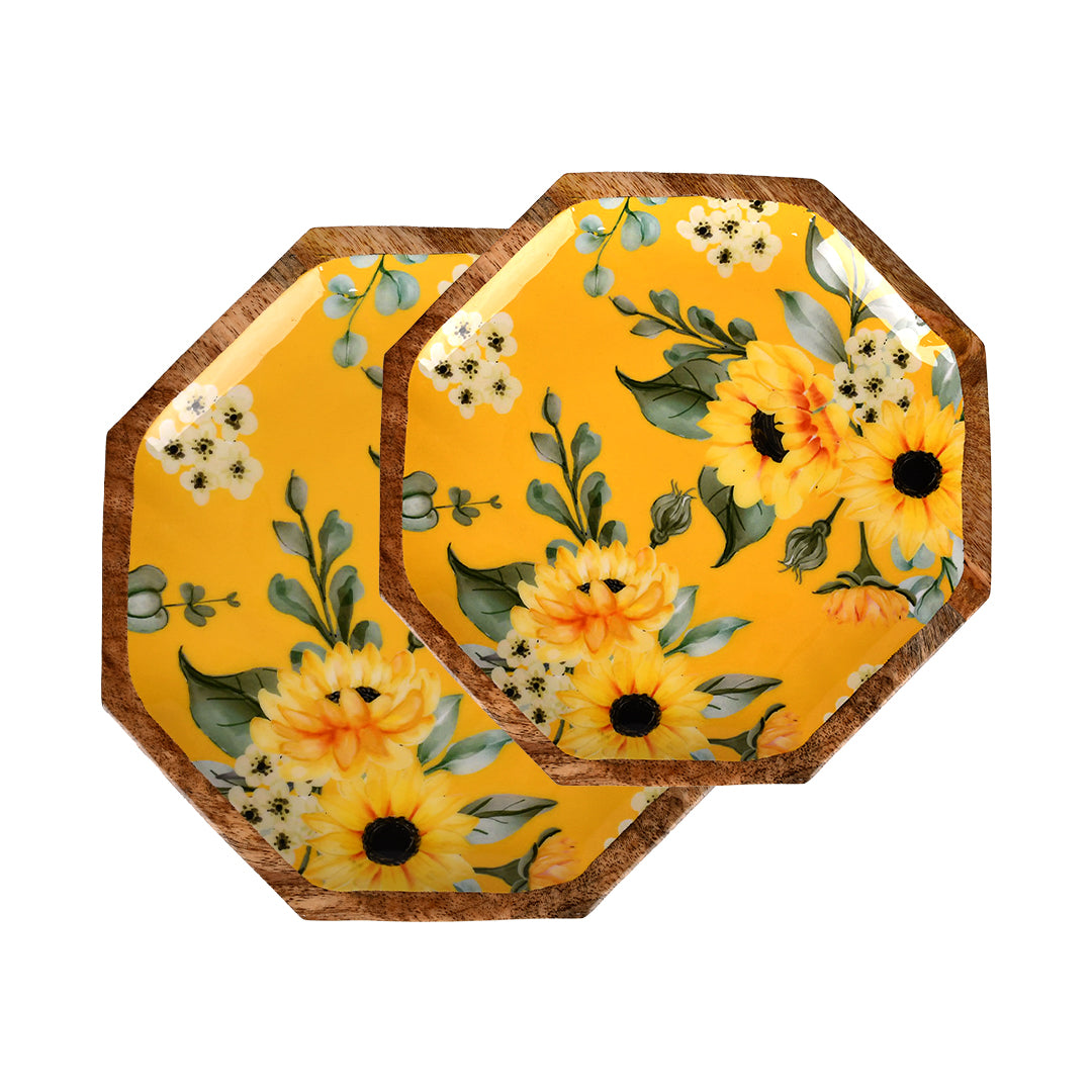 Handcrafted Mango-Wood Yellow Sunflower Printed Platters Tray-Set Of 2