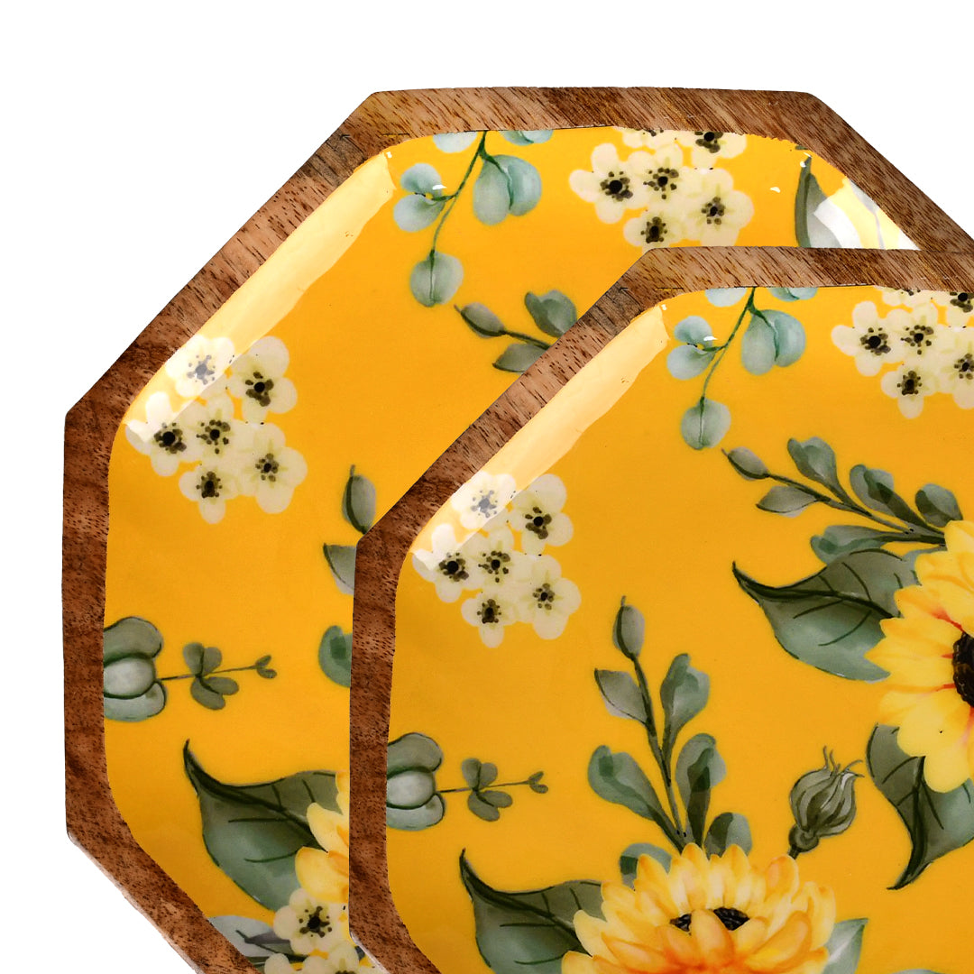 Handcrafted Mango-Wood Yellow Sunflower Printed Platters Tray-Set Of 2