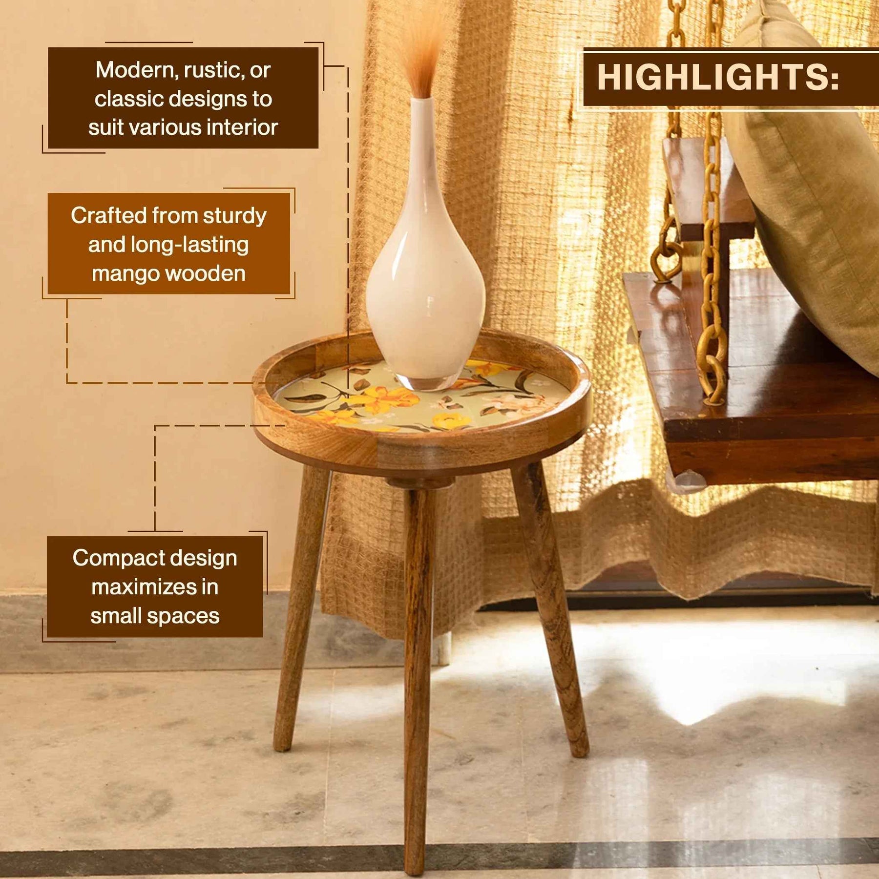 Wooden Round Side Table Yellow Floral for Living Room