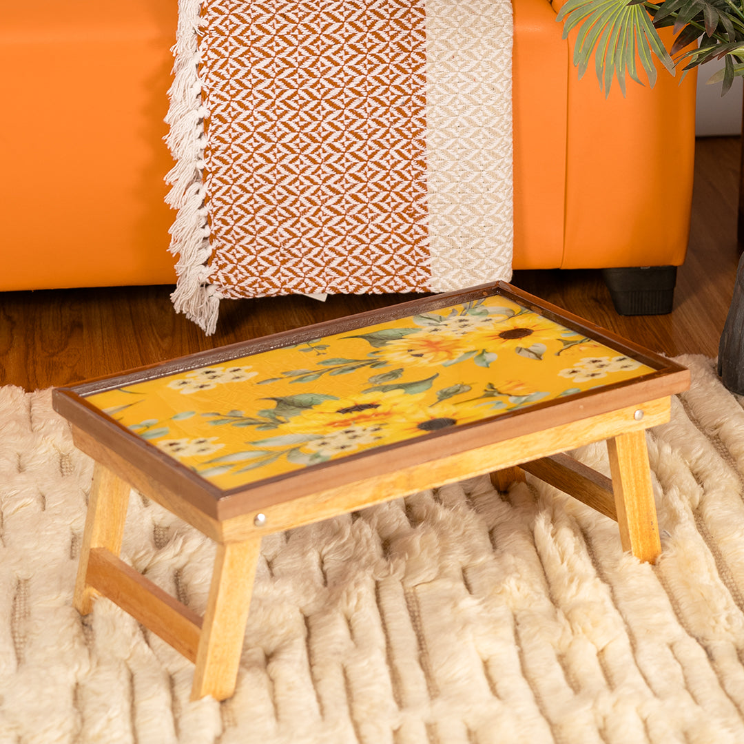 Mango Wood Handmade Fixed Yellow Laptop Table with Epoxy Resin