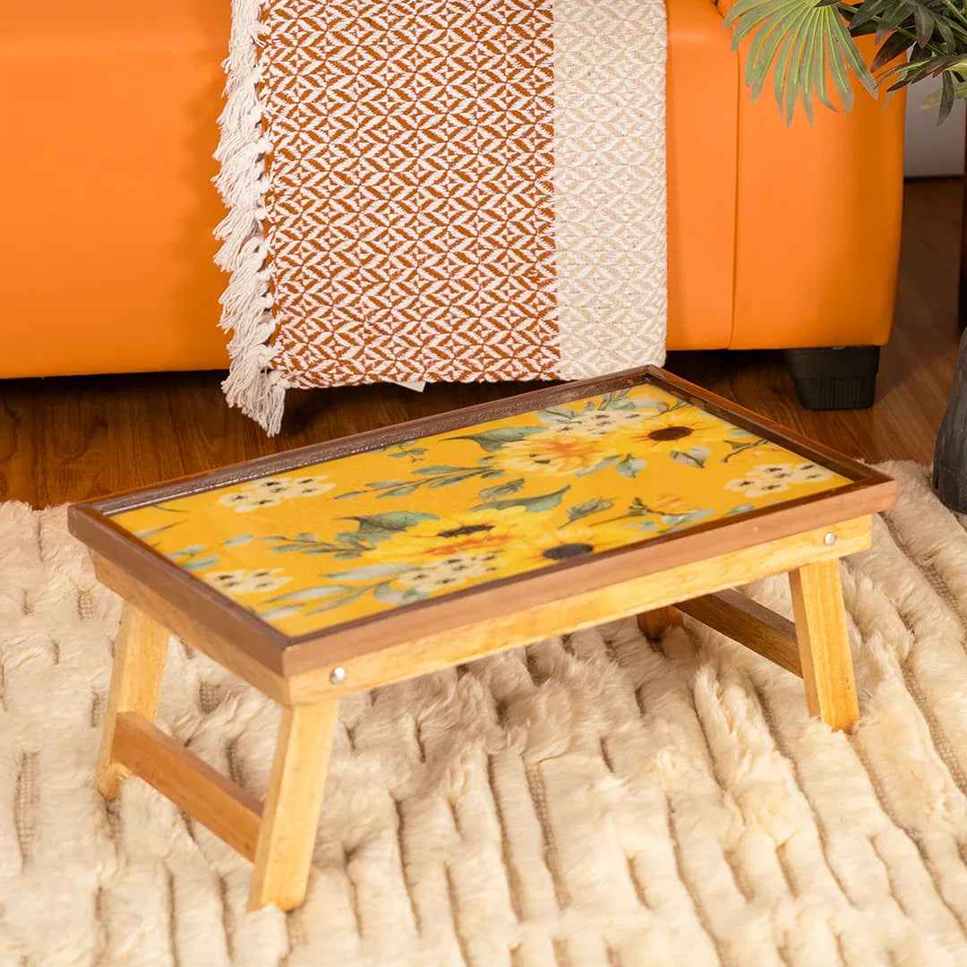 Mango Wood Handmade Fixed Yellow Laptop Table with Epoxy Resin
