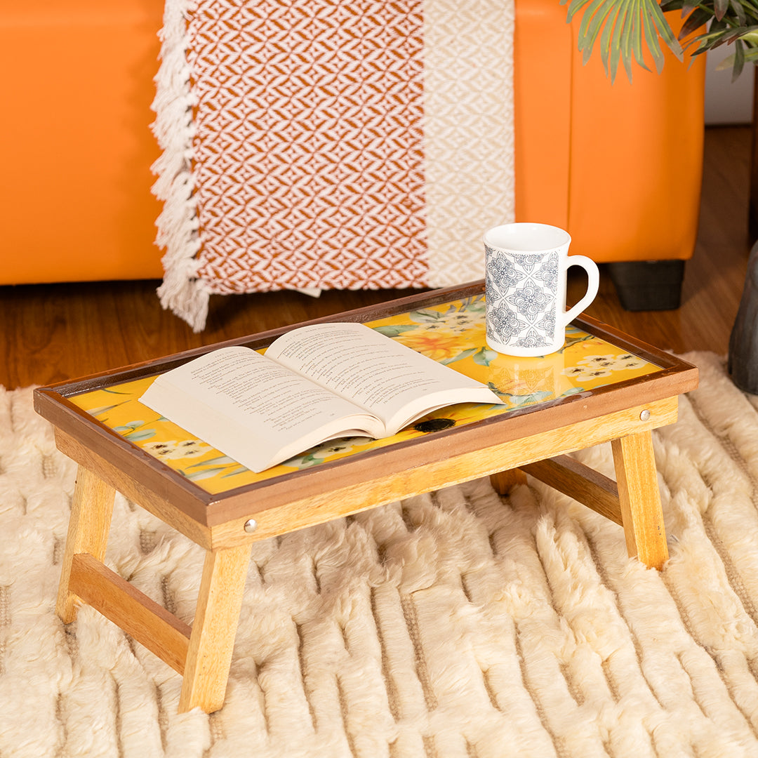 Mango Wood Handmade Fixed Yellow Laptop Table with Epoxy Resin