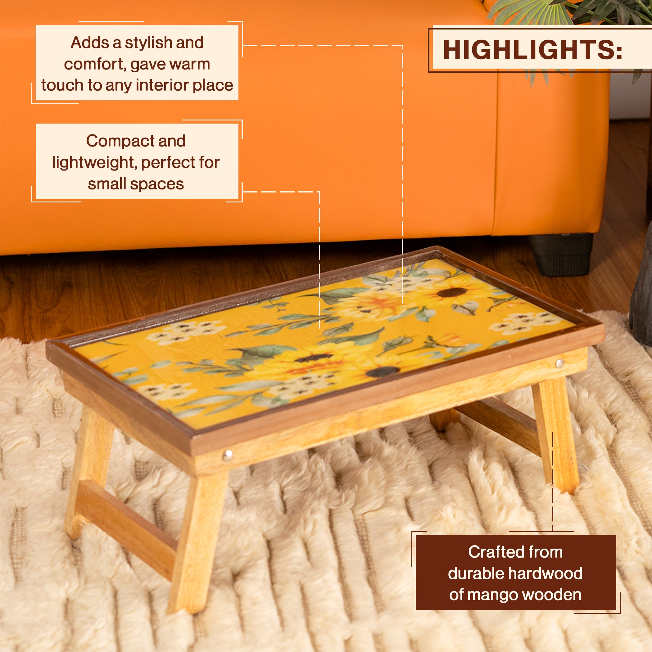 Mango Wood Handmade Fixed Yellow Laptop Table with Epoxy Resin
