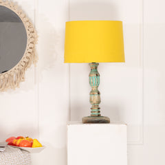 Wooden Piller Table Lamp with Light Blue Shade