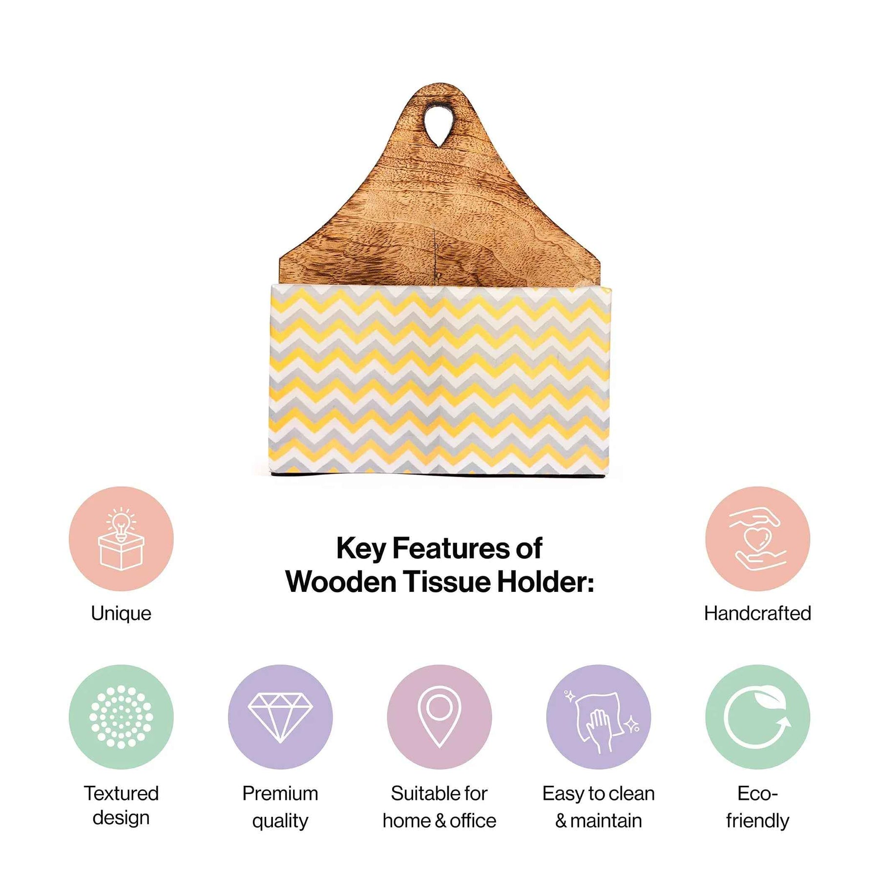Decorative Mango Wood Tissue Holder with Yellow Zigzag Design