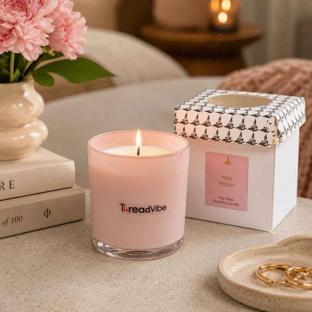 Threadvibe Living Natural Wax Scented Candle Jar In Pink Peony