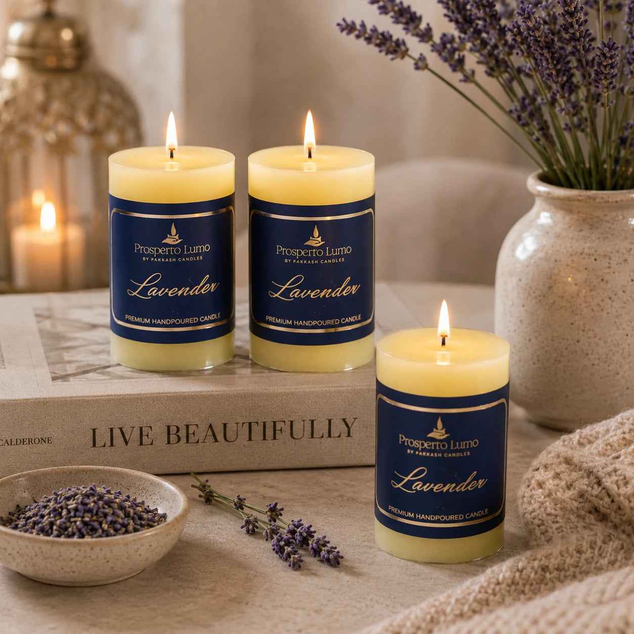 Premium Pillar Scented Candle in Lavender for Home Decor
