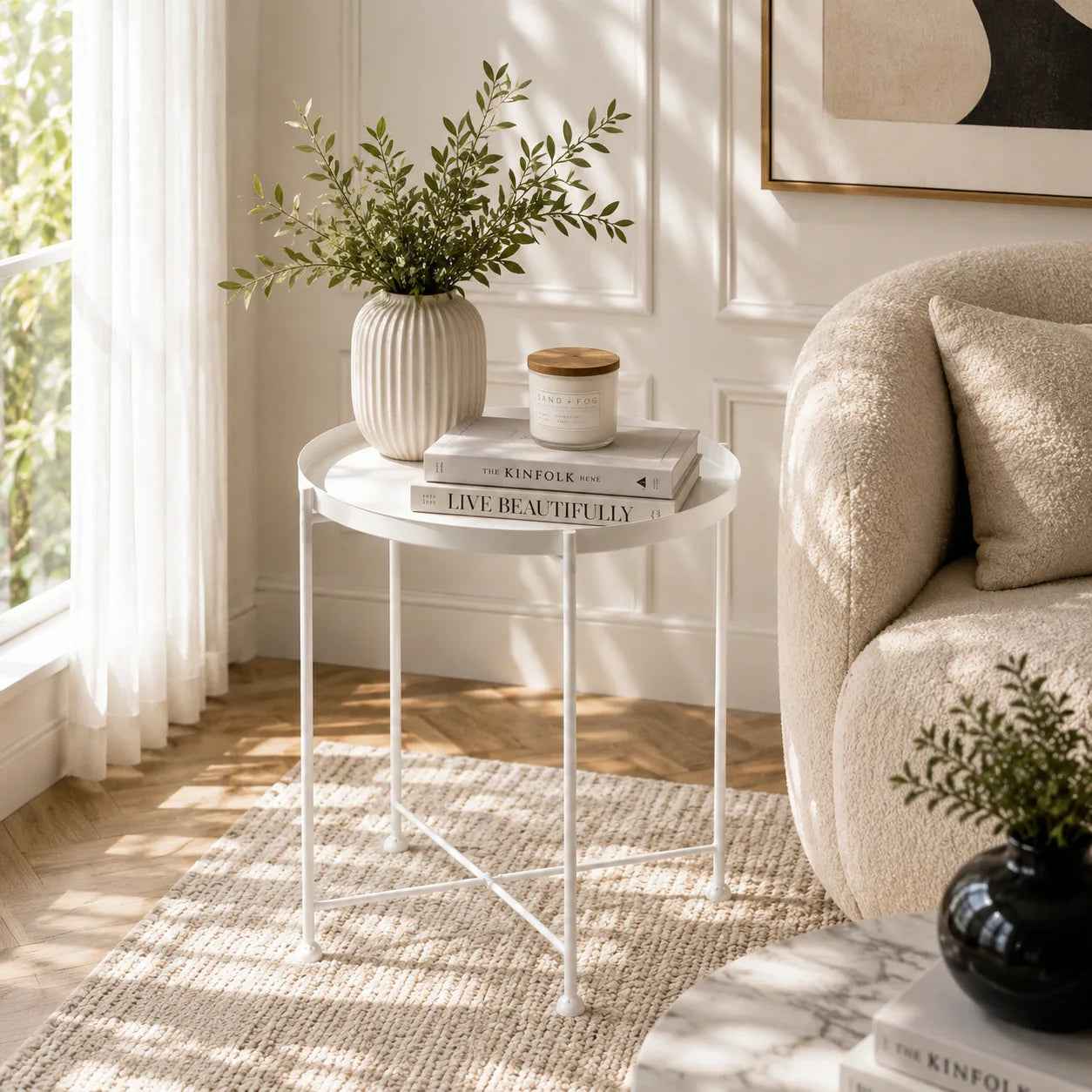 Modern Metal Coffee Side Table with X-Frame Base in White for Living Room