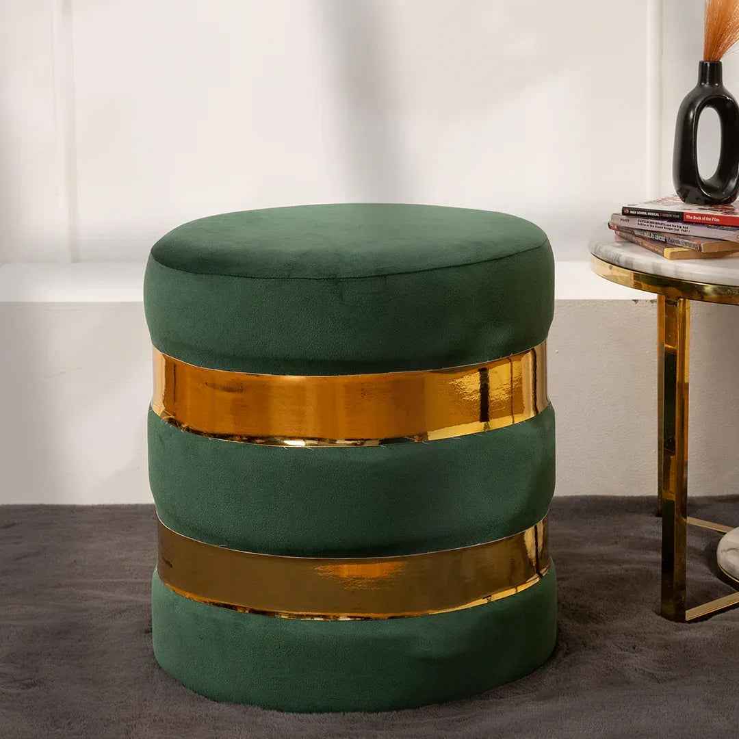 Round Velvet Ottoman Pouffe Stool for Living Room in Hunter Green