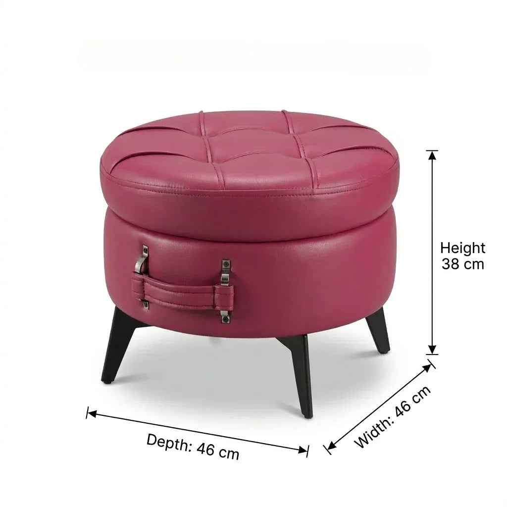 Pink round ottoman with dimensions on a white background